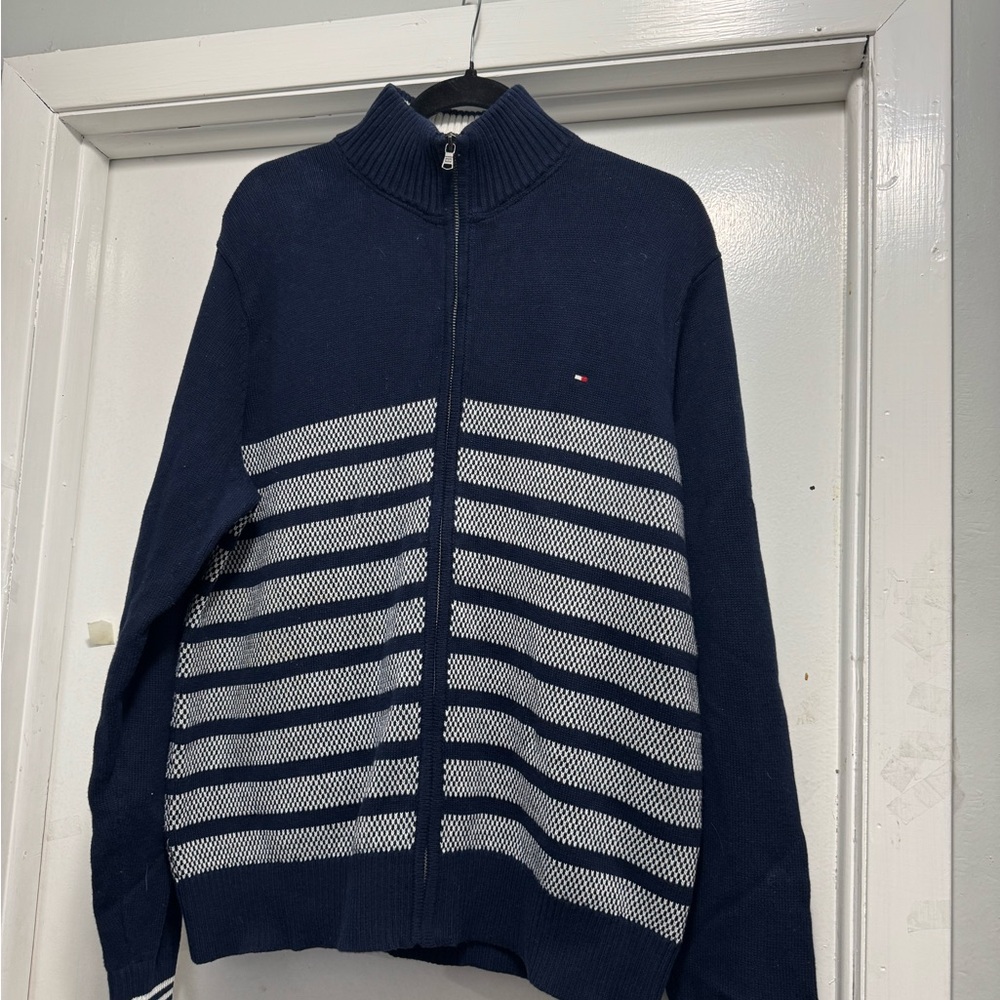 Tommy Hilfiger Men's Navy and White Zip-Up Sweater